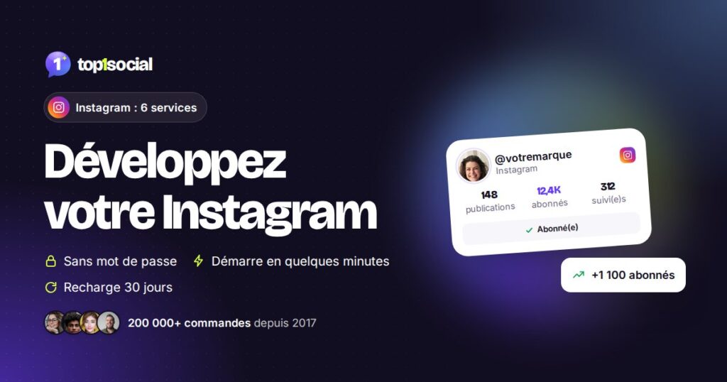 Profil Instagram qui gagne des abonnés en toute sécurité avec Top1Social